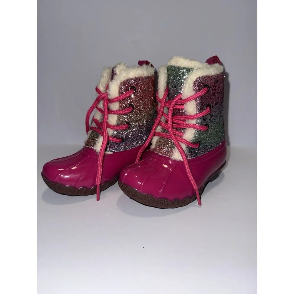 Adrienne Vittadini Bambini Girls Rain Boots 7 Fuchsia Pink Glitter Fur Snow NEW